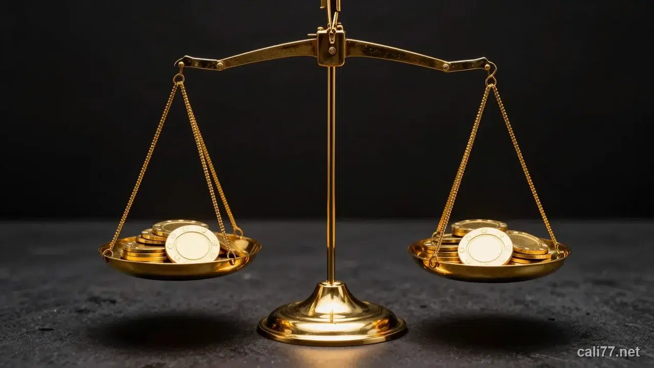 金色天秤兩端各放籌碼,象徵比較不同娛樂城返水條件