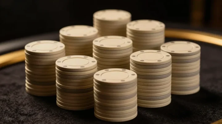 深色絨布上整齊堆疊的素面籌碼,暖金色側光打亮邊緣