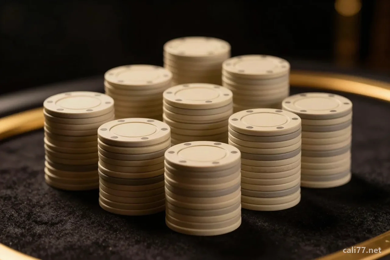深色絨布上整齊堆疊的素面籌碼,暖金色側光打亮邊緣