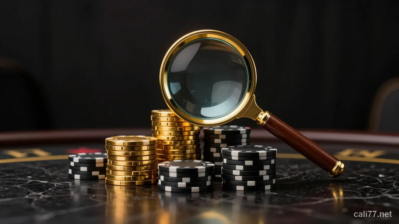 放大鏡檢視金色籌碼與金幣,示意娛樂城推薦要自己查證