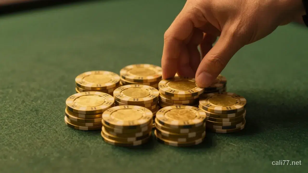 一隻手懸停在深綠色桌墊上整齊排列的金色籌碼上方