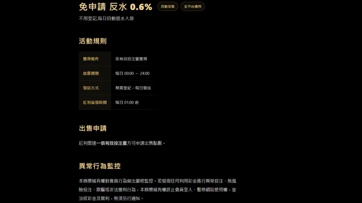 卡利娛樂城返水優惠頁的活動規則表截圖,顯示獲得條件依有效投注量、結算週期每日 00:00 至 24:00、每日發送、紅利派發時間每日 01:00 前