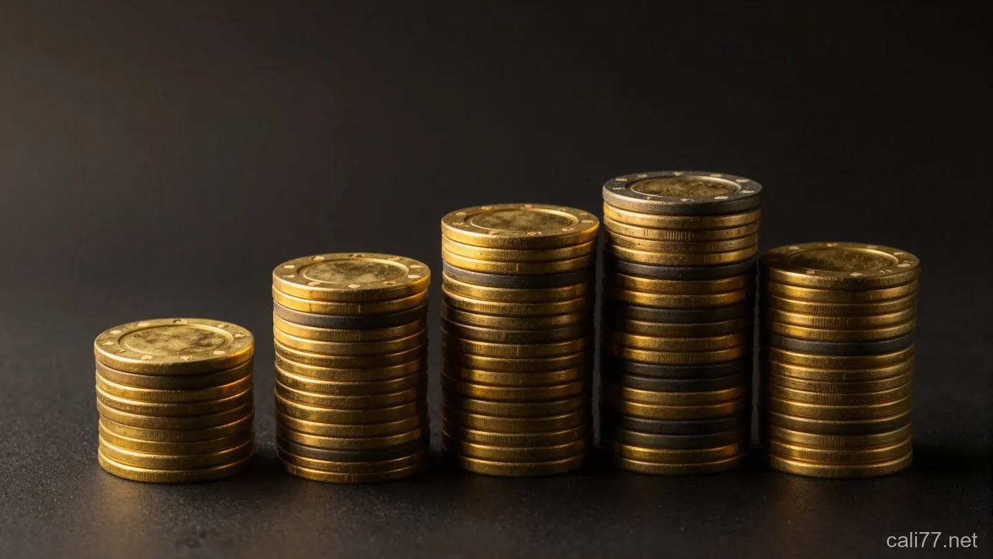 深黑色桌面上五疊高度不同的金色素面籌碼由矮到高排列,暖金色側光,背景全黑