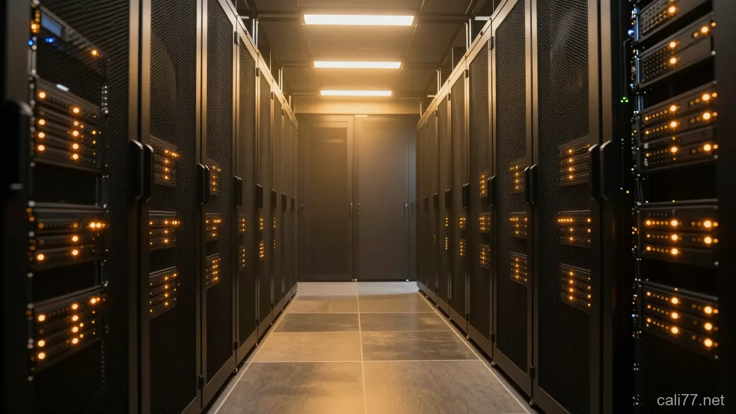 現代機房走道，兩側黑色機櫃亮著琥珀色指示燈，暖金色氛圍照明